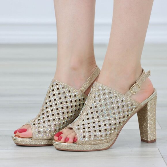 Sparkly Rhinestone Glitter Champagne Platform High Heels Open Toe Party Shoes - Picture 6 of 14